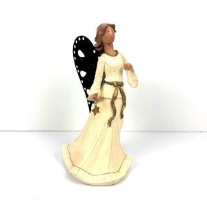 10” Ceramic Angel Sculpture Figurine Holding Star W/ Metal Wings & Gold Sash
